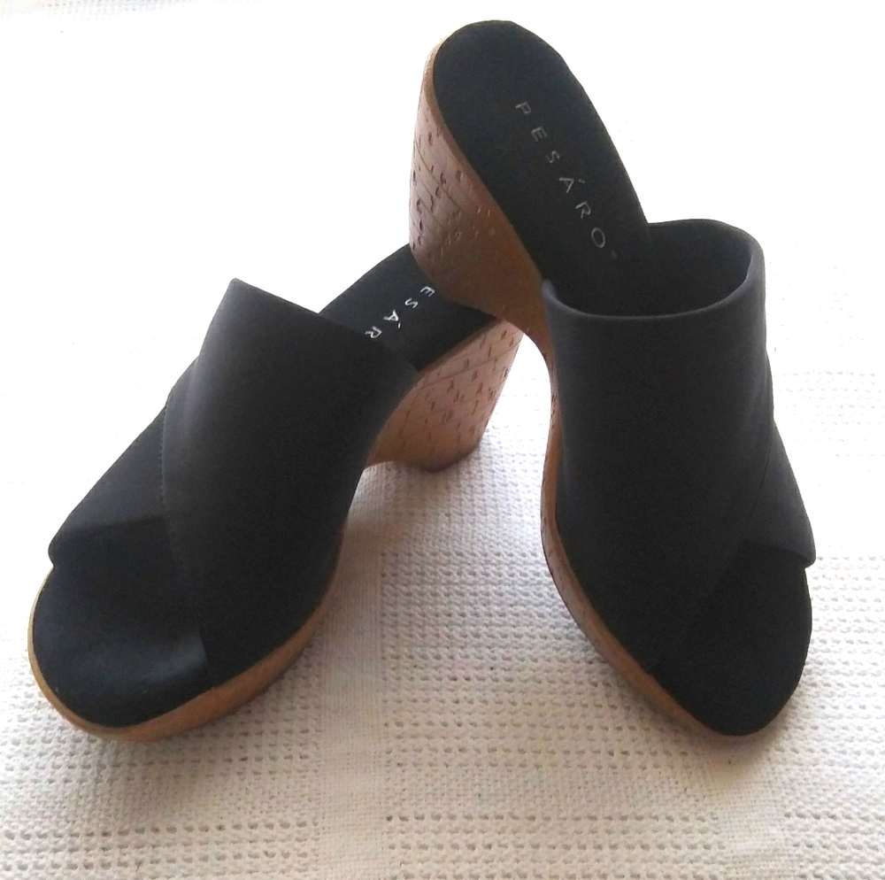 Pesaro Cork Wedge Heels Black & Tan Size 8